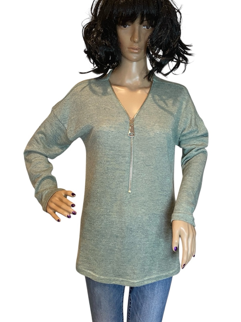 Soft Surroundings Valentina Zip Sweater V-Neckline Green Slub Knit Sz Medium EUC